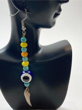 Turquoise, Yellow & Blue Evil Eye Dangle Earrings with Silver Wing Charm